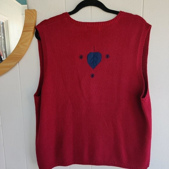 Vest, Red knit w/falling leaves and snow in blue embroidery. Christopher Banks - Picture 7 of 9